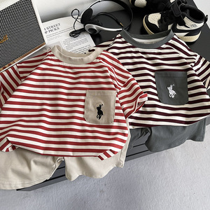Conjunto de <span class=keywords><strong>Ropa</strong></span> de Verano 2025 para Niños, Informal, de Dos Piezas, con Cuello a Rayas, Manga Corta y Pantalones Cortos, de Algodón, a la Moda - Product Image 1