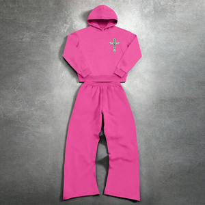 Ensemble 2 pièces pour femme, sweat-shirt et pantalon de survêtement, imprimé croix gothique ange, automne, poids lourd, 100% coton, tissu tricoté anti-boulochage - Product Image 2