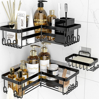 Porte-accessoires de douche noir multi-usages en acier inoxydable, fixation murale sans perçage, organisateur de salle de bain adhésif