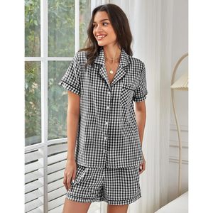 Ensemble pyjama 2 pièces en coton à carreaux pour femme, manches courtes, boutonné, vêtements de détente, vêtements de nuit, été - Product Image 2
