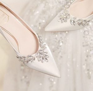 Spark Rhinestone <b>Satin</b> Party Heels Pointed Toe Block Heel Slip On Elegant Formal <b>Wedding</b> Bridal Footwear - Product Image 3