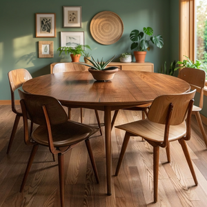 Ensemble de table à manger ronde minimaliste en teck massif d'origine indonésienne, expédié par la poste - Product Image 2