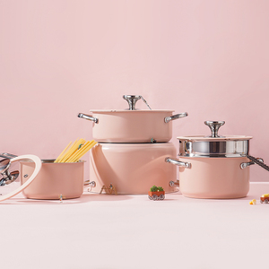 9pcs Stainless Steel <strong>Pot</strong> Set, Including 1 Milk <strong>Pot</strong>, 2 Stockpots, 1 Non-stick Pan, 4 LIDS and 1 Steamer Pink - Product Image 1