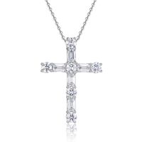 Collier Pendentif Croix en Argent Sterling S925 avec Moissanite Ronde et Baguette Mixte, Bijou de Foi Religieuse, Idéal Cadeau