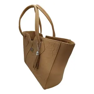 Bolso Tote de Cuero Genuino Fana Lorena, Color Camel, Diseño Grabado, Cierre de Cremallera, Forro de Lona, Para Todas las Temporadas - Product Image 4
