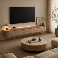 Meuble TV mural flottant avec éclairage LED inférieur, bords arrondis, placage chêne, trois tiroirs, meuble de rangement pour salon
