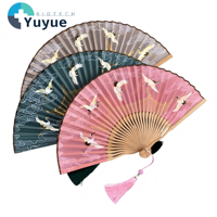 Éventail pliant chinois de 6 pouces avec motif grue et nuage, éventail en soie de bambou naturel avec pompon, accessoire Hanfu pour spectacle