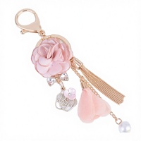 Article populaire : Porte-clés de luxe en acier inoxydable avec rose éternelle lumineuse, pompon et perle, pour accessoires de sac