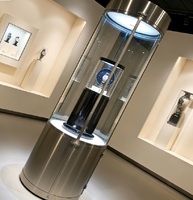 Vitrine de présentation de bijoux cylindrique rotative à 360° de qualité muséale, éclairage LED, durable, facile à nettoyer, vitrine de luxe en acier inoxydable