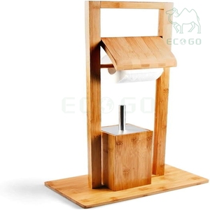 Bathroom Accessories Free Standing Display Shelf Bamboo Wood Rolling Paper Storage Organizer Toilet Brush Holders - Product Image 1