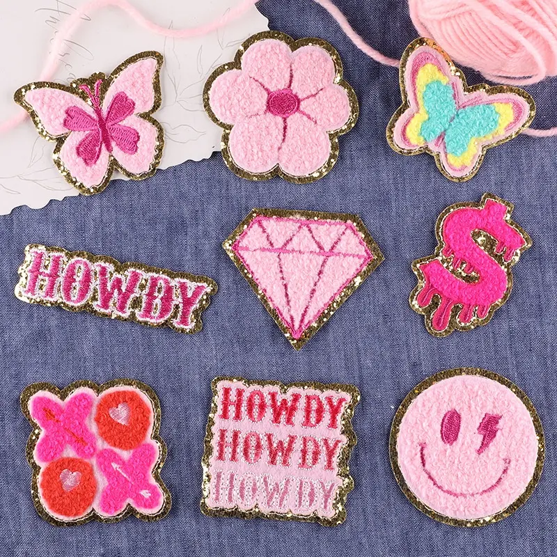 Howdy chenille letter patches applique butterfly embroidery chenille patches gold glitter patches