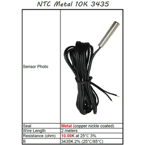 NTC temperature sensor, Metal sealed, 10.00K ohm at 25C, B=3435K (25C/85C), Wire length 2 meter, Lilytech