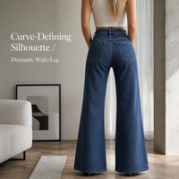 Jean évasé taille haute bleu foncé pour femme, coupe large, tendance, avec plusieurs boutons, en denim délavé style vintage