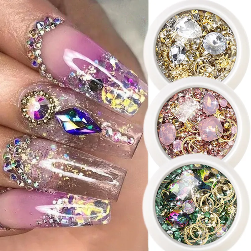 Diamantes de imitación para uñas, gemas brillantes con remache de Metal, adornos para manicura 3D