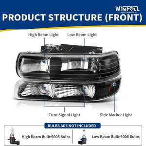 Ensemble de phares 12V 55W neuf compatible avec Chevrolet Silverado 15/25/3500 HD 1999-2002, Tahoe Suburban 2000, boîtier noir, ambre - Product Image 5