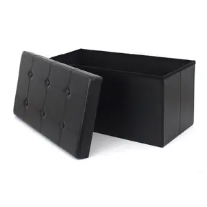 Minimalist Ottoman Space Saving Living Room Stool Shoe Storage Bench Folding Boxes Black Faux Leather