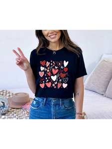 Maglietta con cuore carino da donna per San Valentino, girocollo, manica corta, vestibilità ampia, stampa con motivo geometrico, primavera estate autunno - Product Image 3