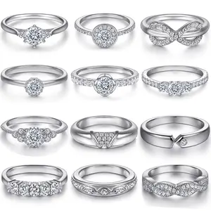 Mode Vinger Uniek Stapelen 925 Sterling Zilveren Ringen Minimalistische 1ct Ronde Gesneden Moissanite Cz Bruiloft Verlovingsring