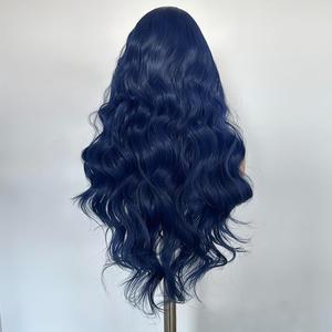 Perruque noire avec cheveux longs ondulés en fibre résistante à la chaleur, sans colle, taille 13*4, perruque synthétique en dentelle haute définition, cheveux mélangés - Product Image 3
