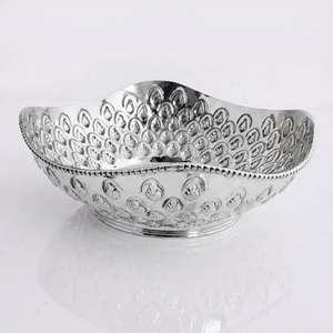 Bol de luxe en argent avec motif de plumes de paon en relief, plat de rangement, plateau pour friandises gourmandes, plat de fête, vente en gros - Product Image 1