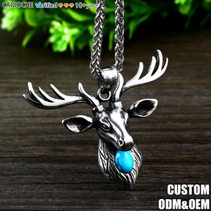 CAIOOCHE Nouveauté Vente en Gros Collier Pendentif Tête de Cerf en Acier Inoxydable 316L Turquoise pour Hommes Cadeau de Noë<span class=keywords><strong>l</strong></span> Bijoux - Product Image 1