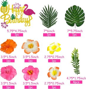 Décorations de gâteau Hawaïennes <span class=keywords><strong>avec</strong></span> <span class=keywords><strong>fleurs</strong></span>, feuilles de palmier et <span class=keywords><strong>fleurs</strong></span> d'hibiscus pour anniversaires sur le thème des flamants roses - Product Image 2