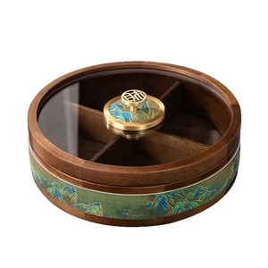 Caja redonda de madera para frutos secos con tapa y divisores, contenedor de almacenamiento de té y aperitivos de estilo retro chino - Product Image 5