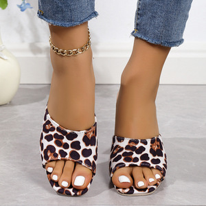 New Fashion Women Leopard Print Slide Sandals Square Toe One Strap <b>Block</b> Heel Casual Large Size Summer Mules - Product Image 1