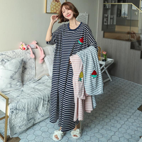 Ensemble de jupe de pyjama à rayures amples d'été pour femmes vêtements de nuit en tricot Dacron à manches longues, vêtements de nuit ventilés confortables, grandes tailles