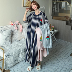 Ensemble <span class=keywords><strong>de</strong></span> jupe <span class=keywords><strong>de</strong></span> pyjama à rayures amples d'été pour femmes vêtements <span class=keywords><strong>de</strong></span> <span class=keywords><strong>nuit</strong></span> en tricot Dacron à manches longues, vêtements <span class=keywords><strong>de</strong></span> <span class=keywords><strong>nuit</strong></span> ventilés confortables, grandes tailles - Product Image 3