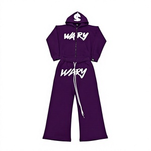 Ensemble de survêtement unisexe violet à capuche AMDAA ENTERPRISES, fermeture éclair intégrale, streetwear en coton, pour homme, collection automne, imprimé lettres, coupe ample, 2-en-1 - Product Image 2