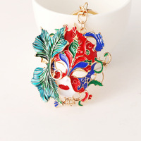 Vintage plaqué or huile dégoulinant feuille masque broche voiture porte-clés coloré émail danse masque breloque porte-clés pour cadeau
