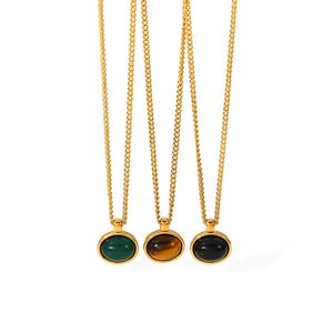 Collier en acier inoxydable plaqué or 18 carats avec pierre naturelle œil de tigre ovale, bijou de mode - Product Image 1