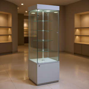 Vitrina Moderna con Estantes Giratorios 53x53x188cm, Exhibidor de Vidrio Gris Claro con Puerta con Cerradura e Iluminación Halógena - Product Image 3