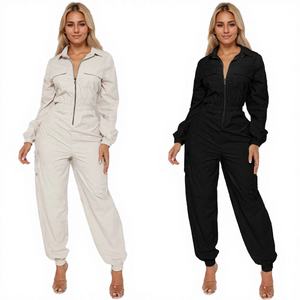 Outdoor Autumn Solid <b>Knitting</b> Cargo Jumpsuit-Elastic Waist Zipper Detail Pockets Breathable ODM Women's Streetwear - Product Image 4