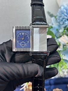 Luxury Rose Gold Reversible Rectangular <b>Watch</b> Silver Dial with Dual Time Zone and Black Leather Strap - Product Image 3