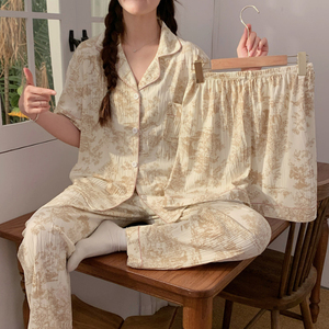 2024 lindo nuevo diseñ<span class=keywords><strong>o</strong></span> 3 uds conjuntos de Pijamas cortos Pijamas de verano ropa de dormir camisones de algodón estampados conjunto de pijamas para mujeres - Product Image 4