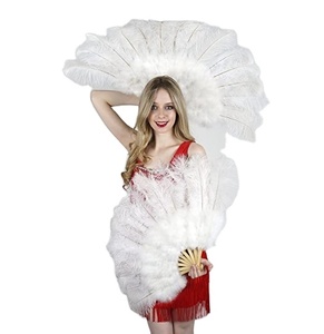 Éventail Pliant en Plumes d'Autruche Blanches de 33 cm, Style Art Populaire, en Bambou avec Décoration Florale, Idéal pour la Danse et les Mariages - Grande Vente - Product Image 3