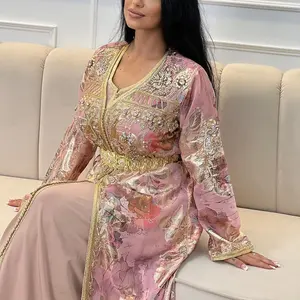 Oem Custom Handwerk Luxe Geborduurd Kristal Dubai Koftan Marokkaanse Kaftan Moslim Feestjurk Voor Dames