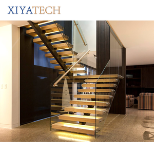 Escalera flotante moderna <span class=keywords><strong>con</strong></span> iluminación <span class=keywords><strong>LED</strong></span> XIYATECH <span class=keywords><strong>con</strong></span> escalones de madera maciza, barandilla de vidrio sin marco, larguero de acero Invisible para villas - Product Image 6