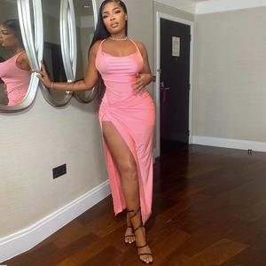 Vestido sexy de mujer para fiesta de noche sólido Halter sin espalda alto Split elegante vestido largo de Graduación - Product Image 3