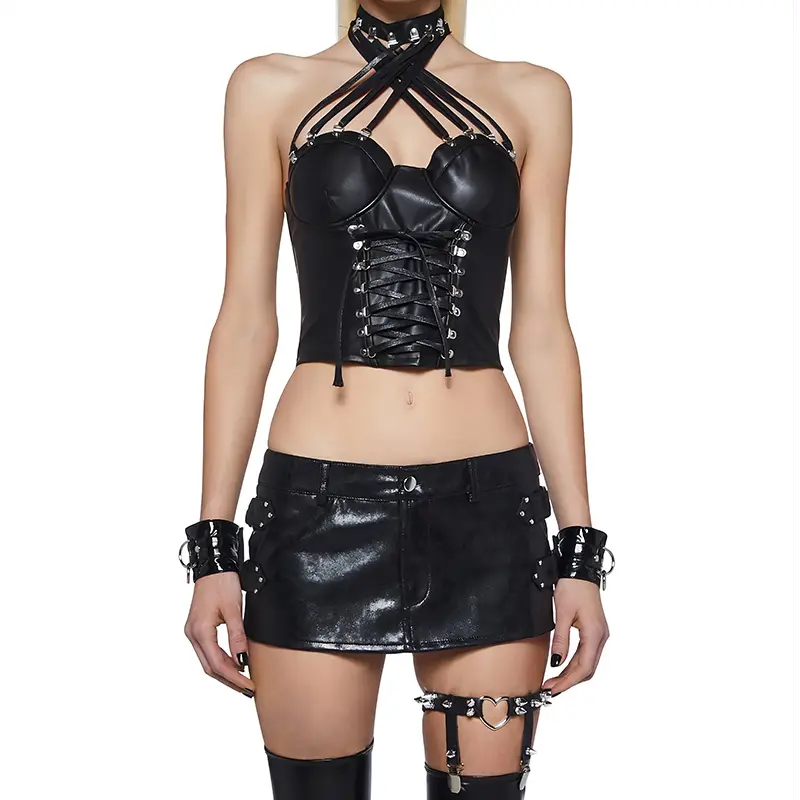 Nuovo abito di moda nero in pelle Sexy con bretelle Fetish indossare due pezzi gonne in pelle sintetica Set Lingerie in lattice da donna