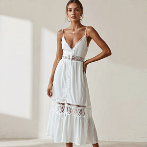 Women <b>White</b> Lace Maxi <b>Dress</b> Spaghetti Strap V Neck Crisscross Back Cutout Waist Tiered Ruffle Summer Beach <b>Dress</b> - Product Image 2