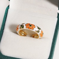 Neuer Modischer Chinesischer Stil Damenschmuck 18K Vergoldeter Verstellbarer Breiter Kupfer-Fingerring Bunter Emaille-Blumen Offener Manschettenring