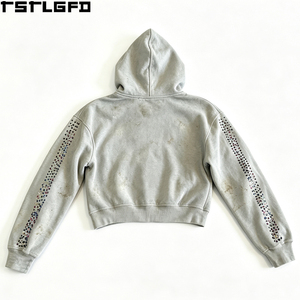 เสื้อฮู้ดซิปแบบวินเทจสีเทาสำหรับผู้ชาย พิมพ์ลายสีสันสดใส ประดับด้วยคริสตัล สไตล์สตรีทแวร์ ขายส่ง - Product Image 3