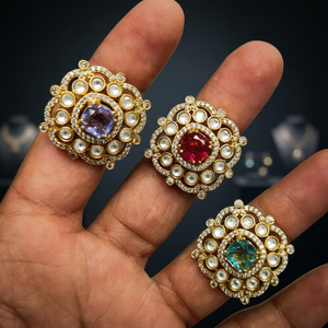 Luxury <b>Adjustable</b> Gold Plated Kundan Cocktail <b>Ring</b> for Women | Square American Diamond CZ Statement <b>Ring</b> - Product Image 2