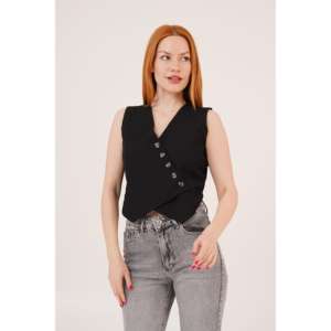 Wholesale <b>Black</b> V-Neck Buttoned Triangle Cut <b>Vest</b> Casual Outer Top Vintage Decoration Logo Crocheted <b>Knitted</b> Woolen Woven PU - Product Image 6