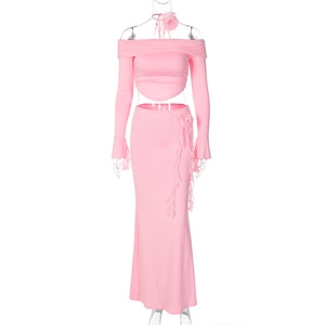 Viviblook Z323ST03 Ensemble Femme Été Tendance Sexy Top Court Sans Bretelles Manches Longues Jupe Moulante Deux Pièces - Product Image 3