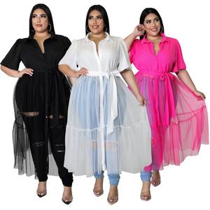 2026 taglie forti donna estate manica corta camicia lunga maglia Patchwork abito retrò Sexy Club abito <span class=keywords><strong>lungo</strong></span> in <span class=keywords><strong>Tulle</strong></span> solido - Product Image 3