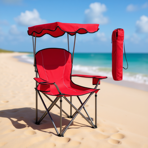 เก้าอี้ชายหาดพับได้แบบพกพาพร้อมหลังคาโครงอะลูมิเนียมสีแดงผ้าอ๊อกซ์ฟอร์ดที่วางแก้วสำหรับกิจกรรมกลางแจ้งใช้ในสวน - Product Image 2